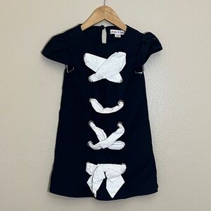 Amelie et Sophie Navy Dress with White Ribbon Bow Accents